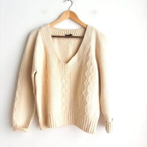 Elios Italy Wool V Neck Pullover Sweater Ivory Cableknit M/L